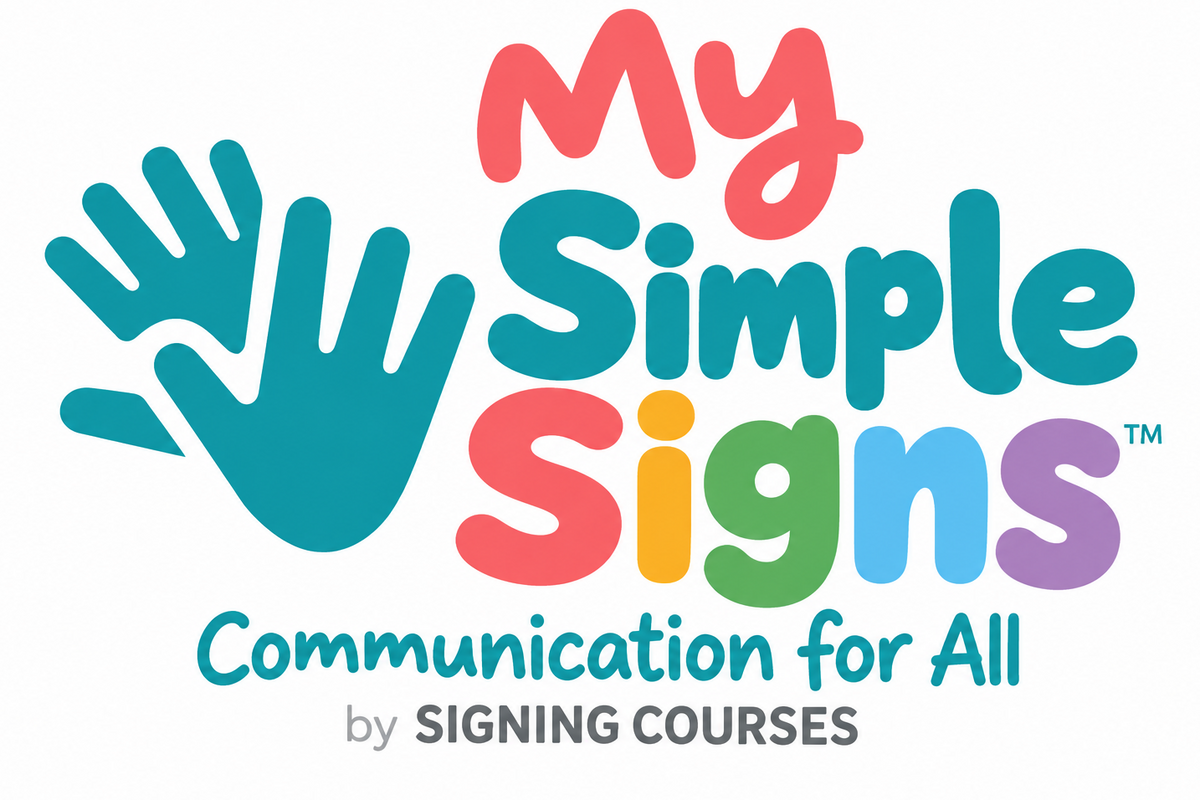 Logo for My Simple Signs Communication for All by Signing Courses, featuring colorful playful text and a teal hand icon on a white background.