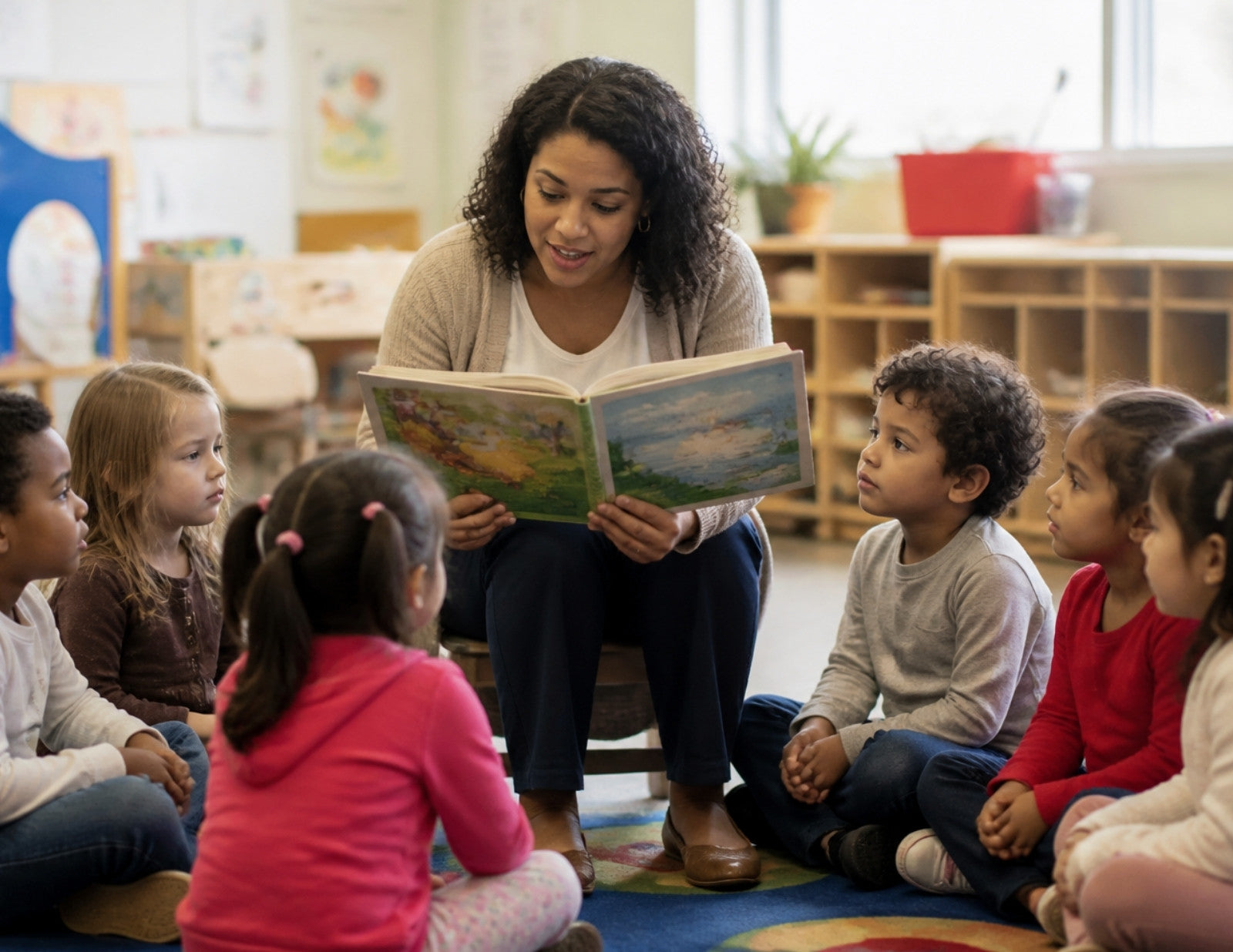 Teacher reading a picture book with children on the classroom rug